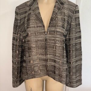 Linda Allard Ellen Tracy metallic brown tweed zip-front jacket Size 16